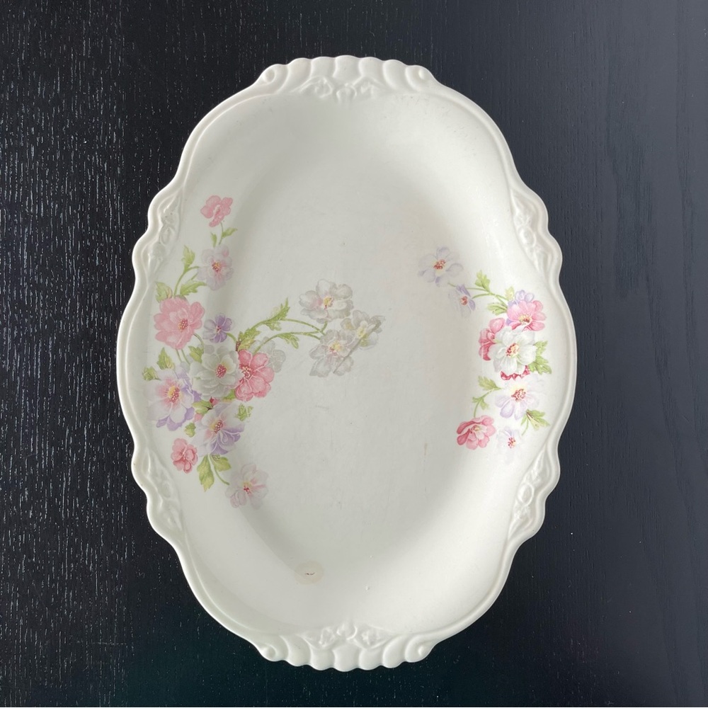 Oval Serving Plate Cream Ivory Floral Pink Green Homer Laughlin Virginia Rose